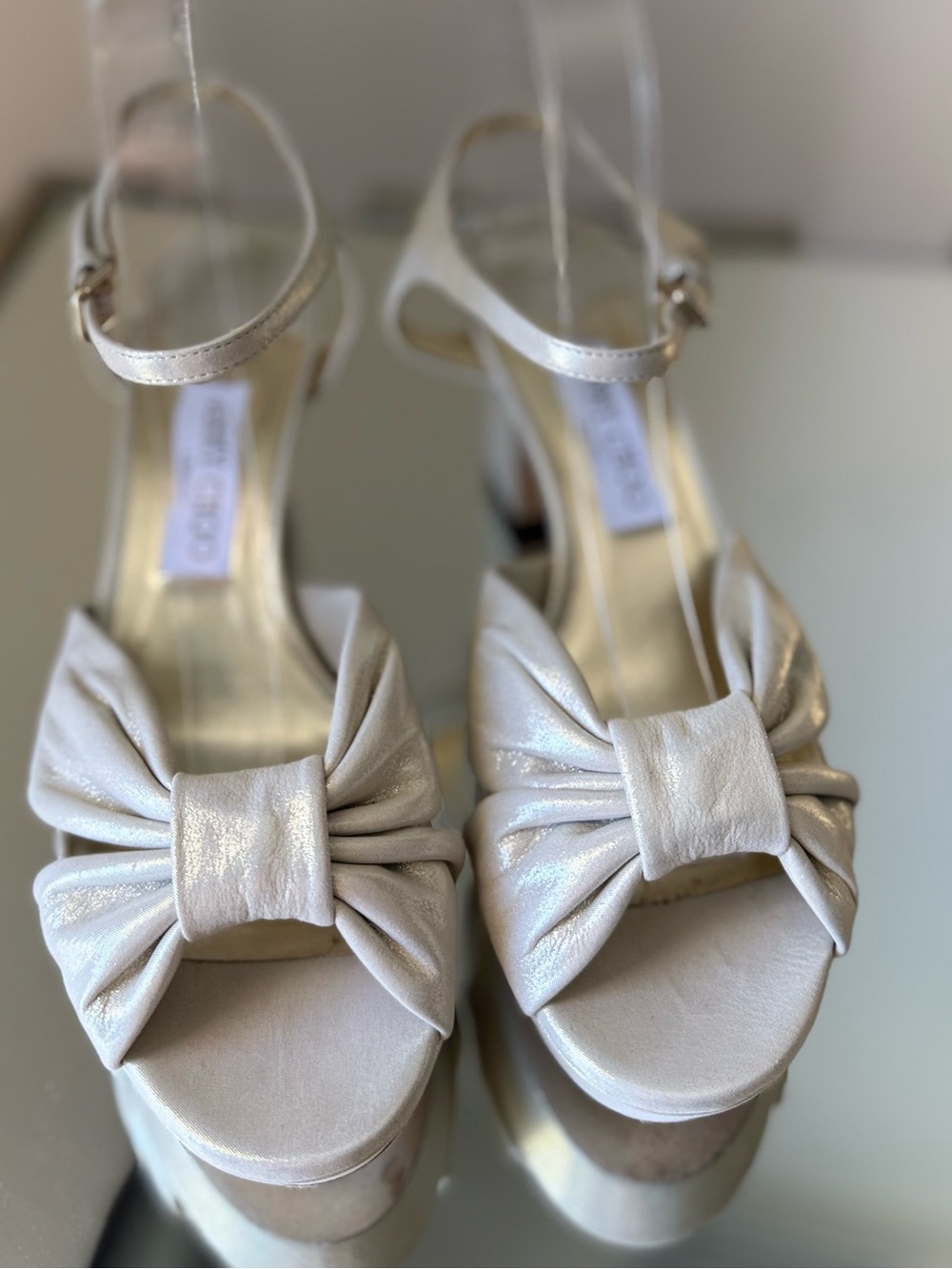 Like new Jimmy Choo Women’s Heloise 80 Shimmer Suede Platform Sandals $1,050 - Picture 6 of 16